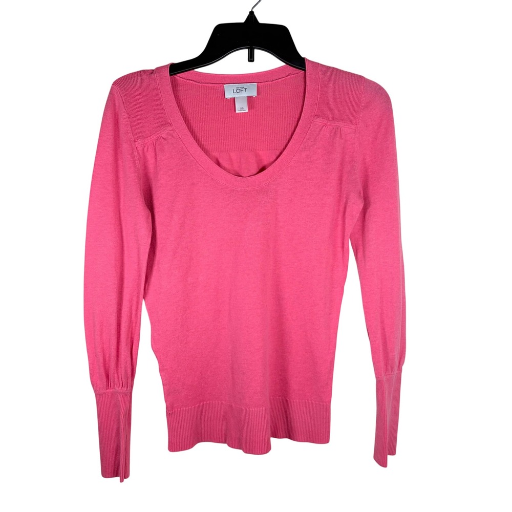 LOFT Pink Linen Cotton Blend Scoop Neck Knit Sweater Puff Sleeve Preppy XS